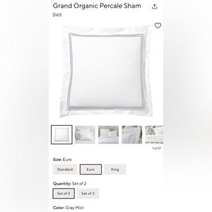 New Pottery Barn Grand Embroidered Organic Euro Shams, (TWO), Grey Mist